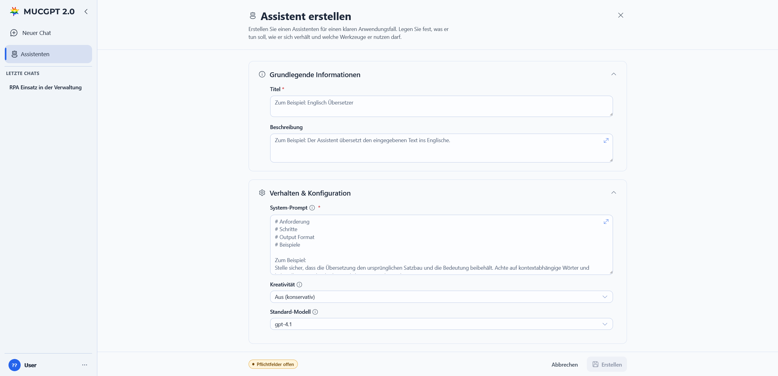 Assistenten‑Erstellung mit Konfiguration von Verhalten, Vorgaben und Startprompts