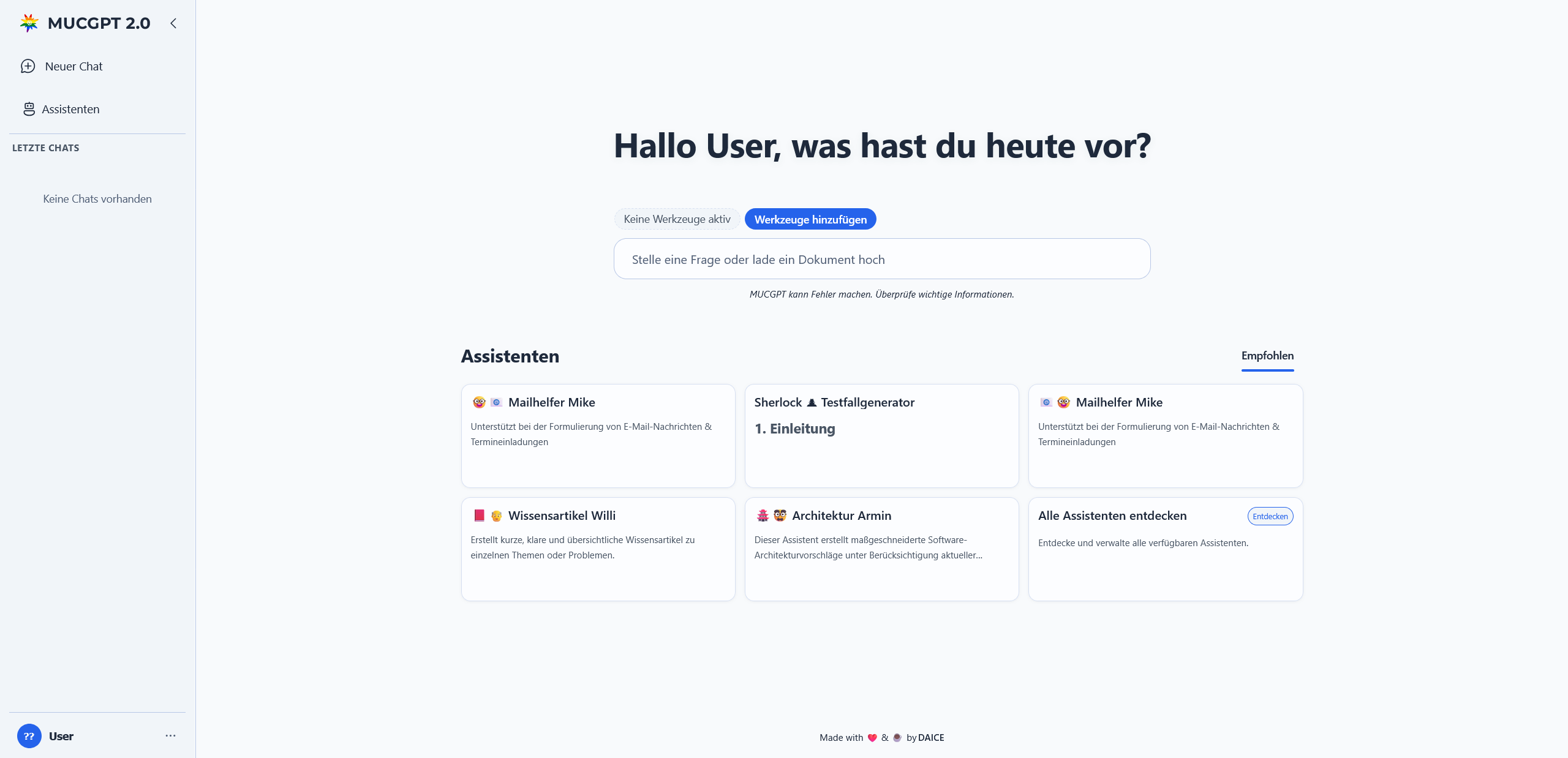 Startseite von MUCGPT mit Schnellzugriff auf Assistenten, zuletzt genutzte Chats und Tutorials