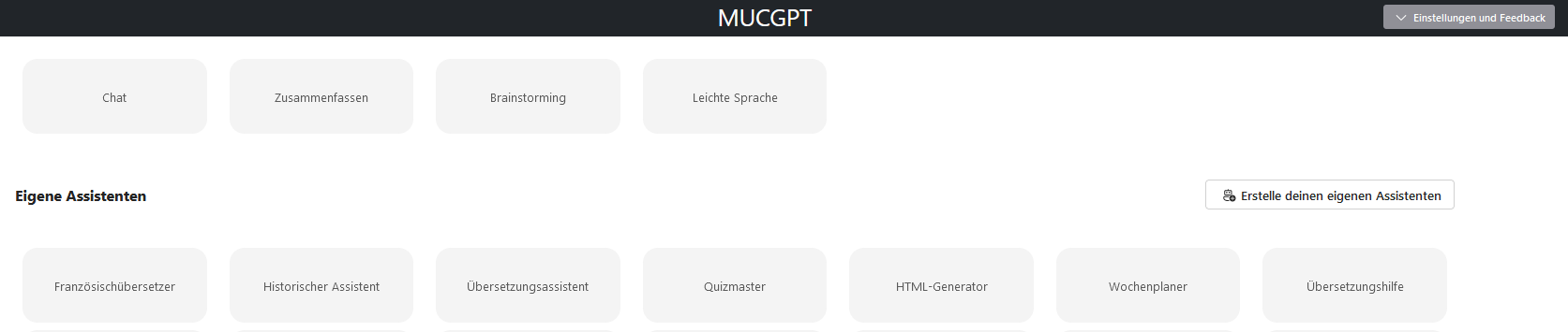 Die Startseite von MUCGPT mit den vordefinierten Funktionen Chat, Zusammenfassen, Brainstorming und Leichte Sprache sowie einigen eigenen Assistenten