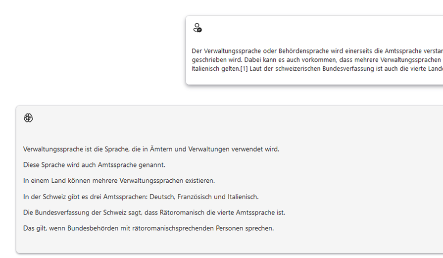 Ausschnitt aus dem Leichte-Sprache-Tool von MUCGPT: Ein langer, komplizierter Satz wird in kurze, leicht verständliche Sätze umgewandelt.