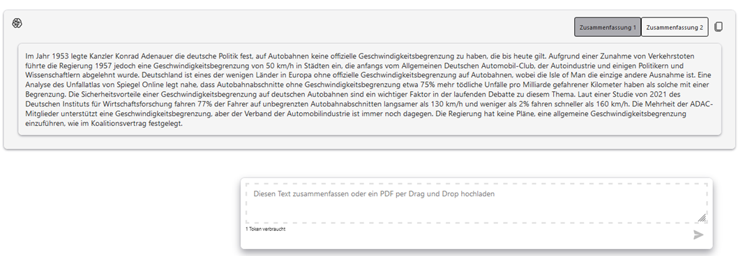 Zusammenfassen-Fenster, in dem das KI-Modell zwei Versionen einer Zusammenfassung eines Textes anzeigt. Die Zusammenfassung ist etwa 10 Sätze lang.